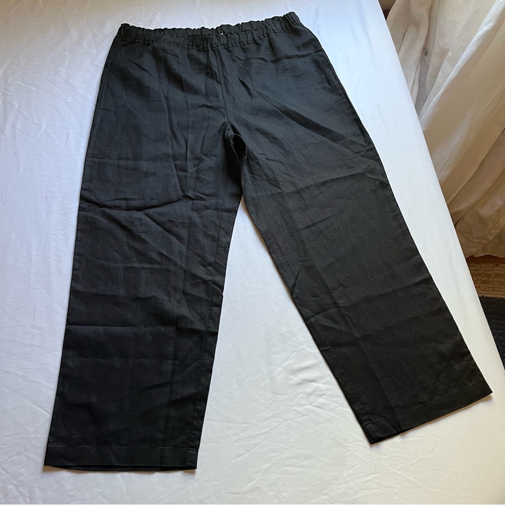 NWOT EILEEN FISHER black organic linen elastic waist wide leg cropped pants